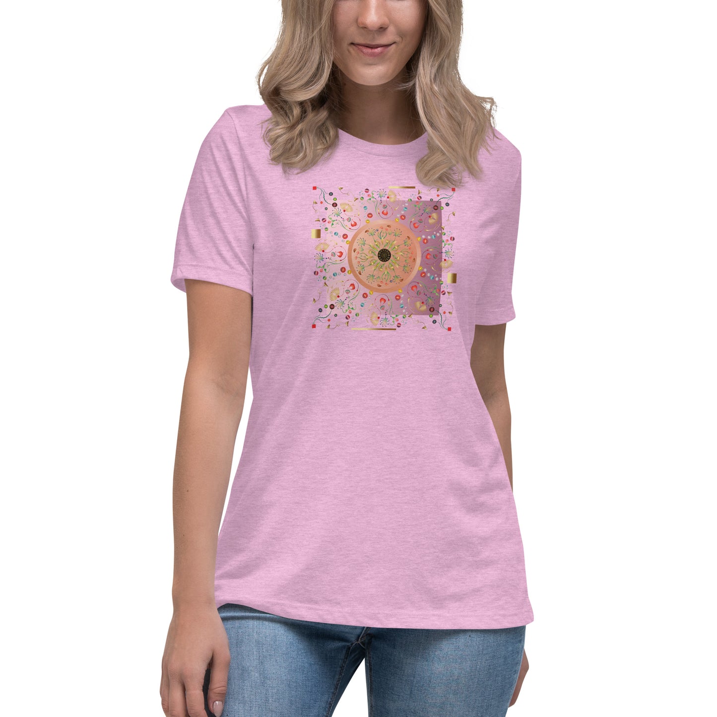 Women's Relaxed T-Shirt Kuklos 4390 Abstract Floral - Pink - Gold colors -  Free Shipping