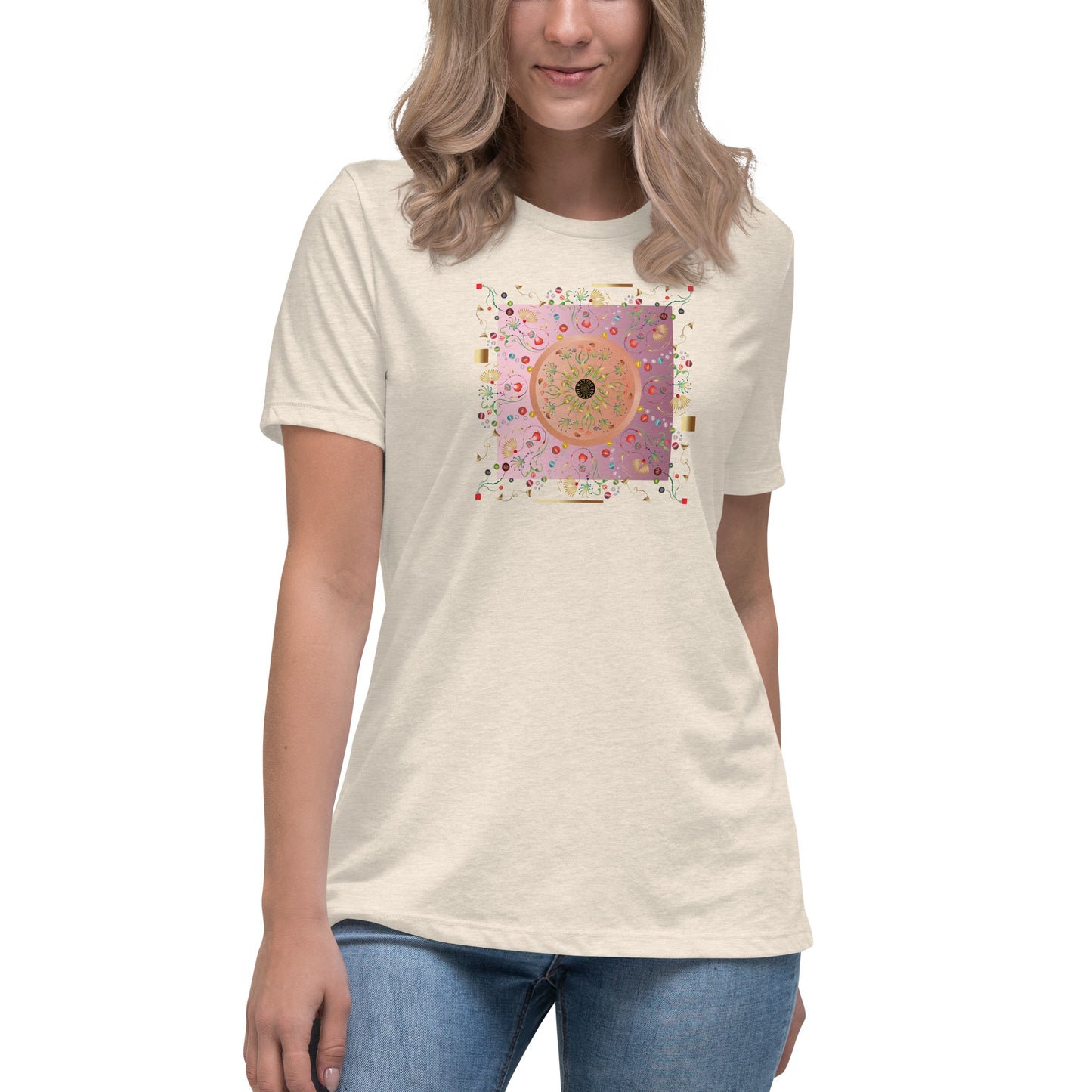 Women's Relaxed T-Shirt Kuklos 4390 Abstract Floral - Pink - Gold colors -  Free Shipping