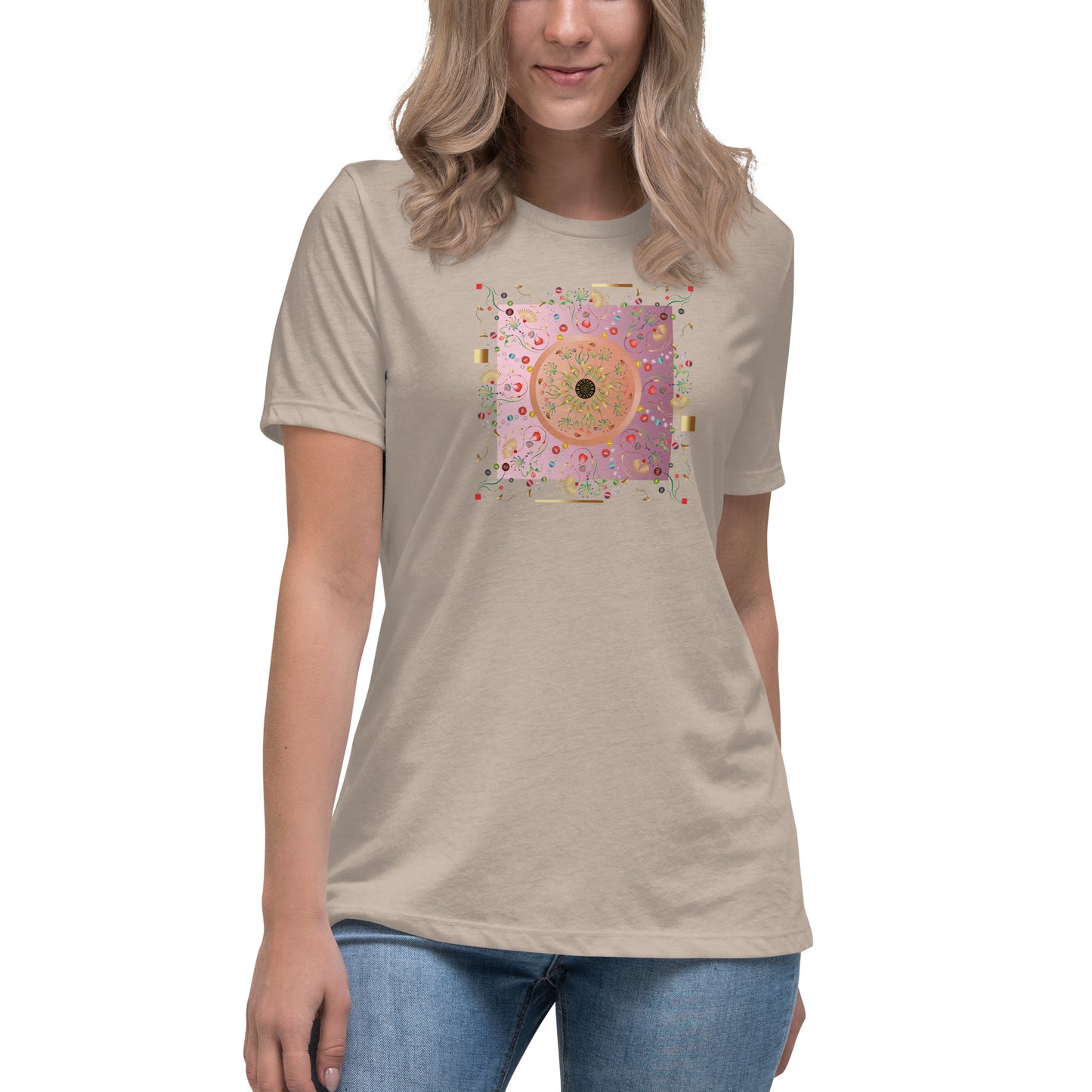 Women's Relaxed T-Shirt Kuklos 4390 Abstract Floral - Pink - Gold colors -  Free Shipping