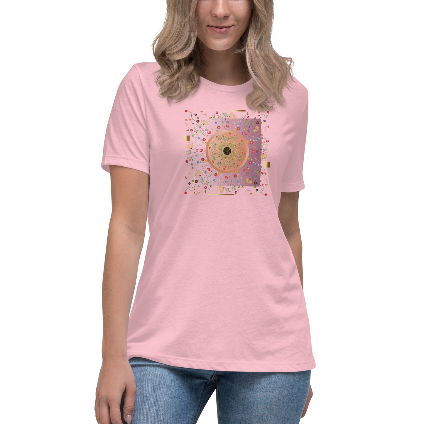 Women's Relaxed T-Shirt Kuklos 4390 Abstract Floral - Pink - Gold colors -  Free Shipping