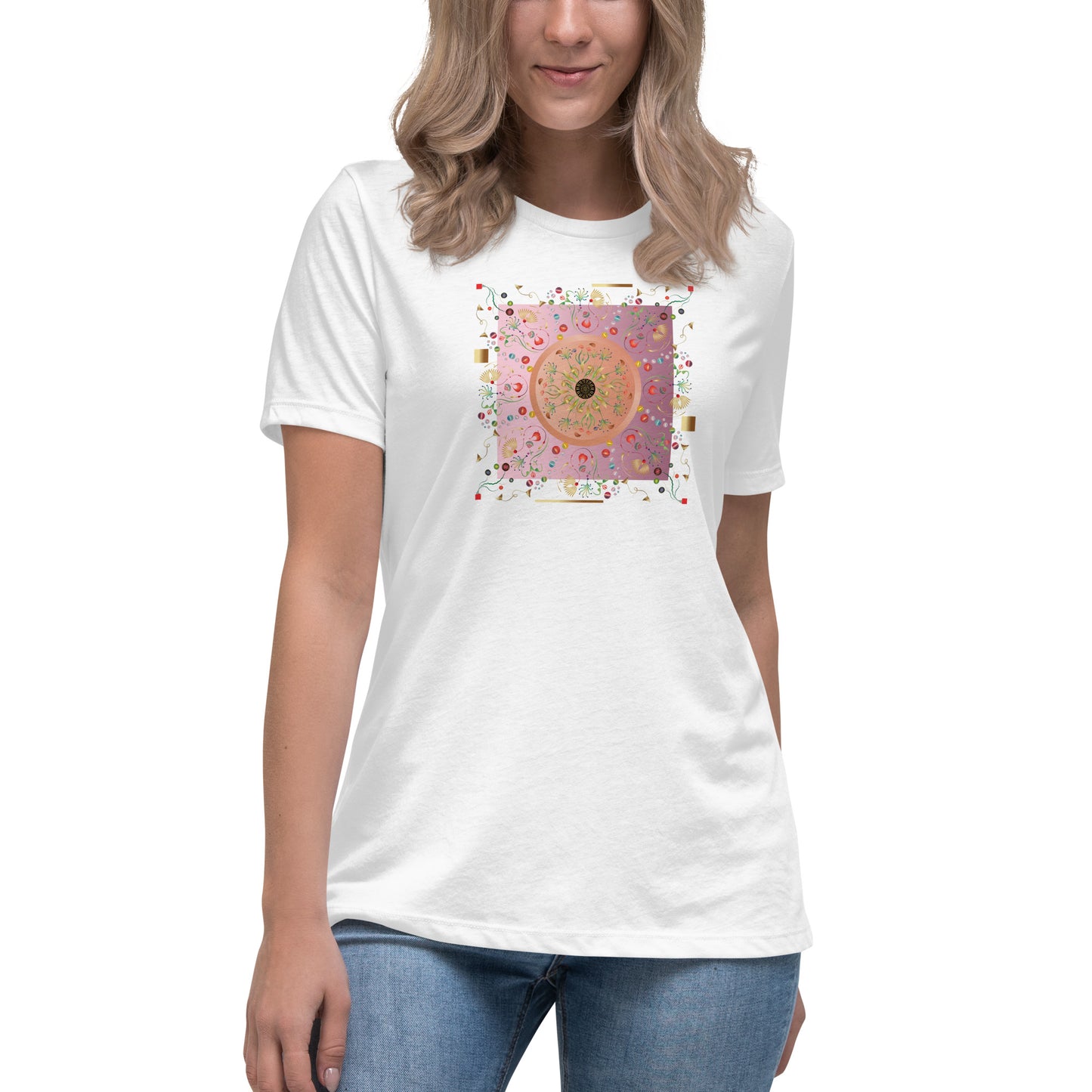 Women's Relaxed T-Shirt Kuklos 4390 Abstract Floral - Pink - Gold colors -  Free Shipping