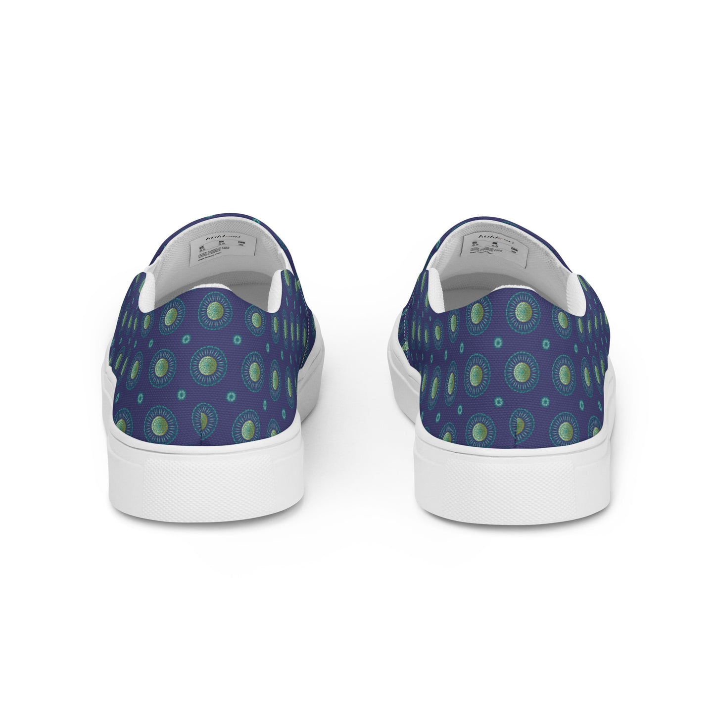 Women’s slip-on canvas shoes Kukloso Geometrica No 18 Mini-Mandalas Aqua on Navy - Free Shipping