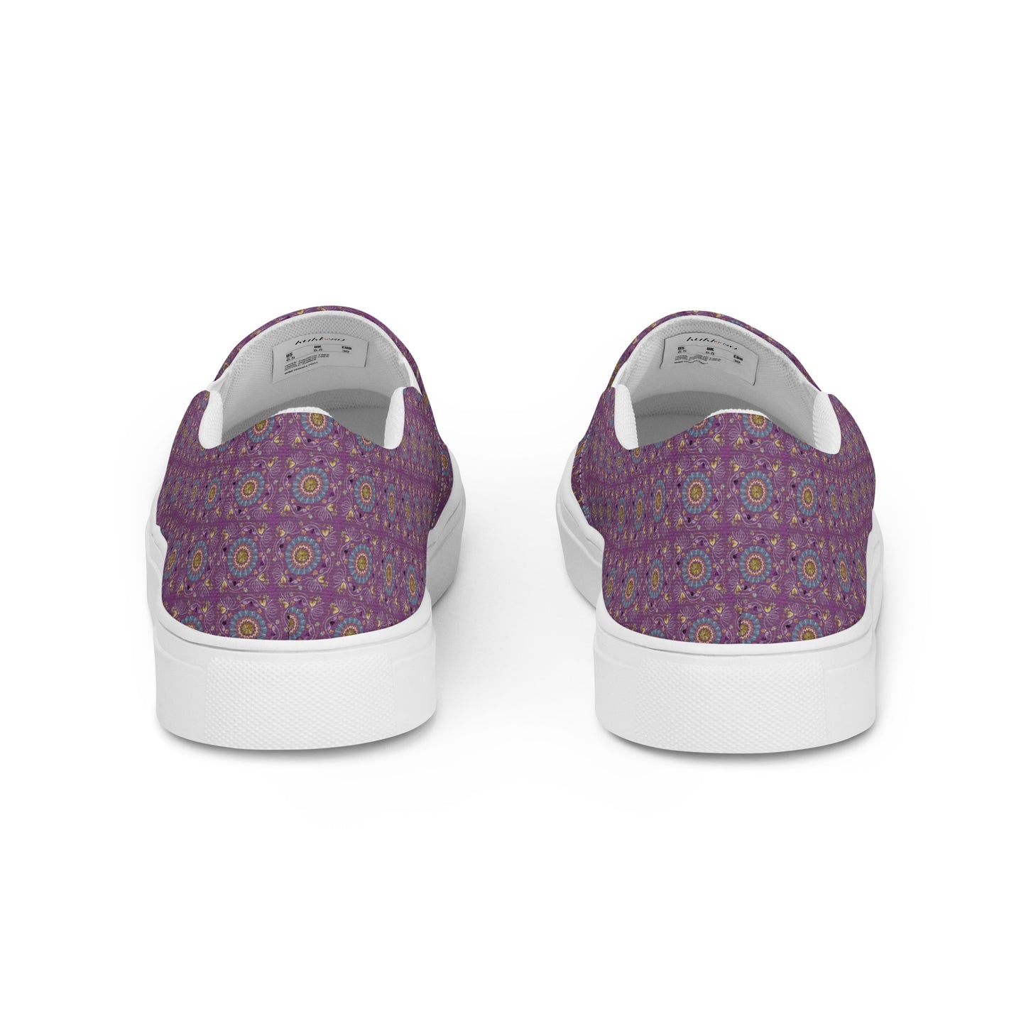 Women’s slip-on canvas shoes Kukloso Geometrica No 24 Mini-Mandalas Aqua, Gold on Violet - Free Shipping