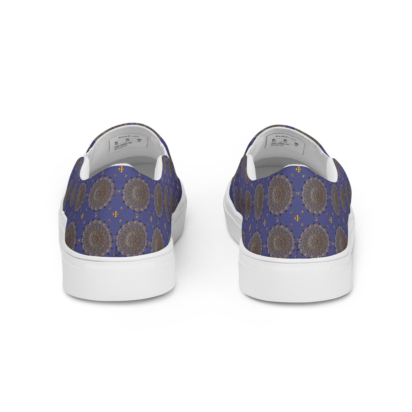 Women’s slip-on canvas shoes Kukloso Geometrica No 13 Mini-Mandalas Gold on Blue - Free Shipping