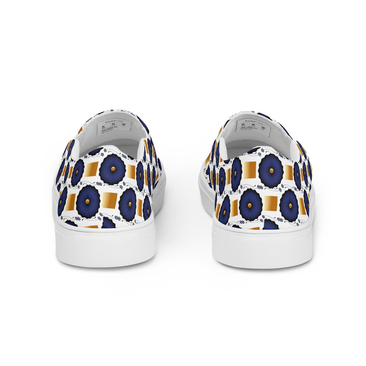 Women’s slip-on canvas shoes Kukloso Geometrica No 29 Navy, Gold on White - Free Shipping