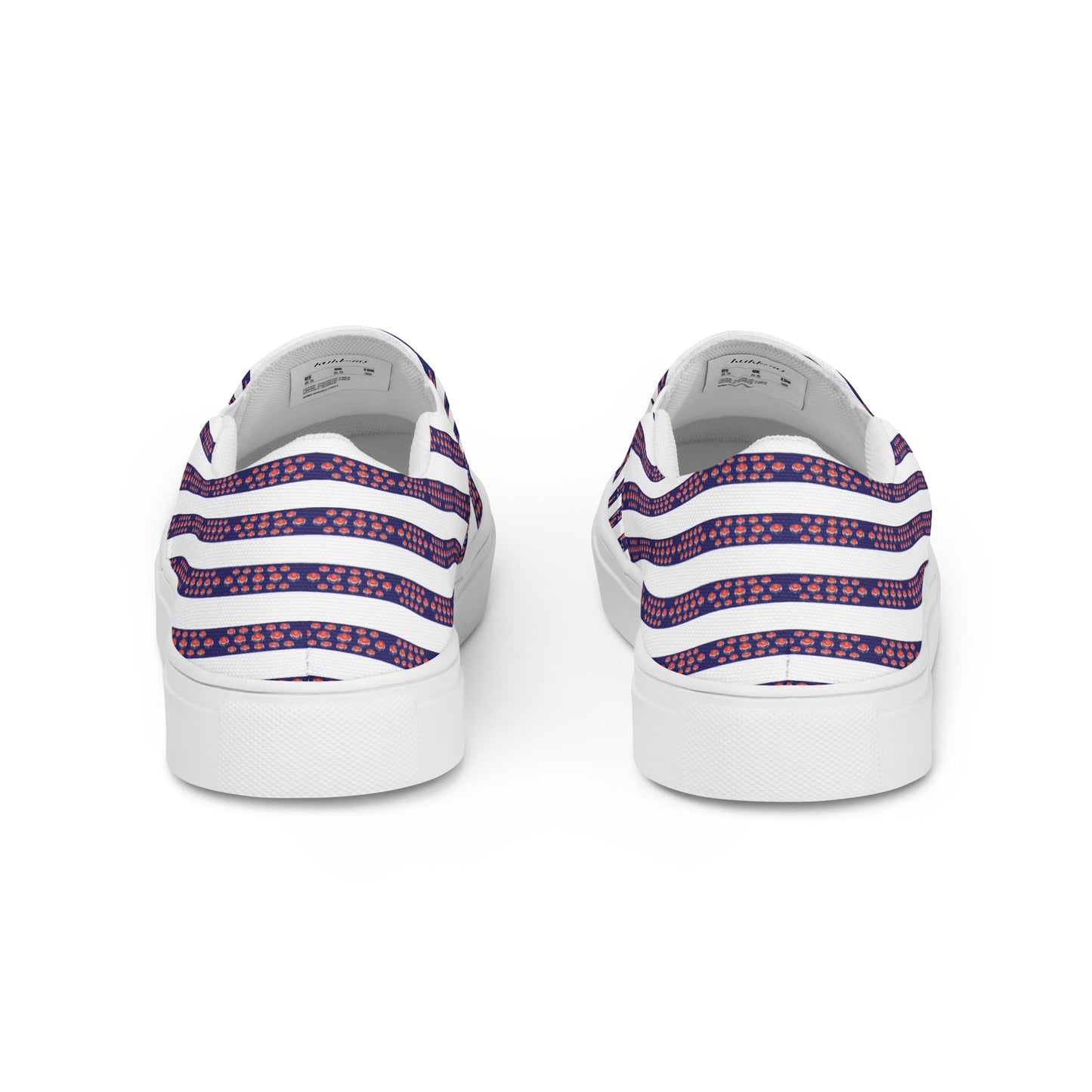 Women’s slip-on canvas shoes Kukloso No 12 Red Orbs on Navy Stripes on White - Free Shipping