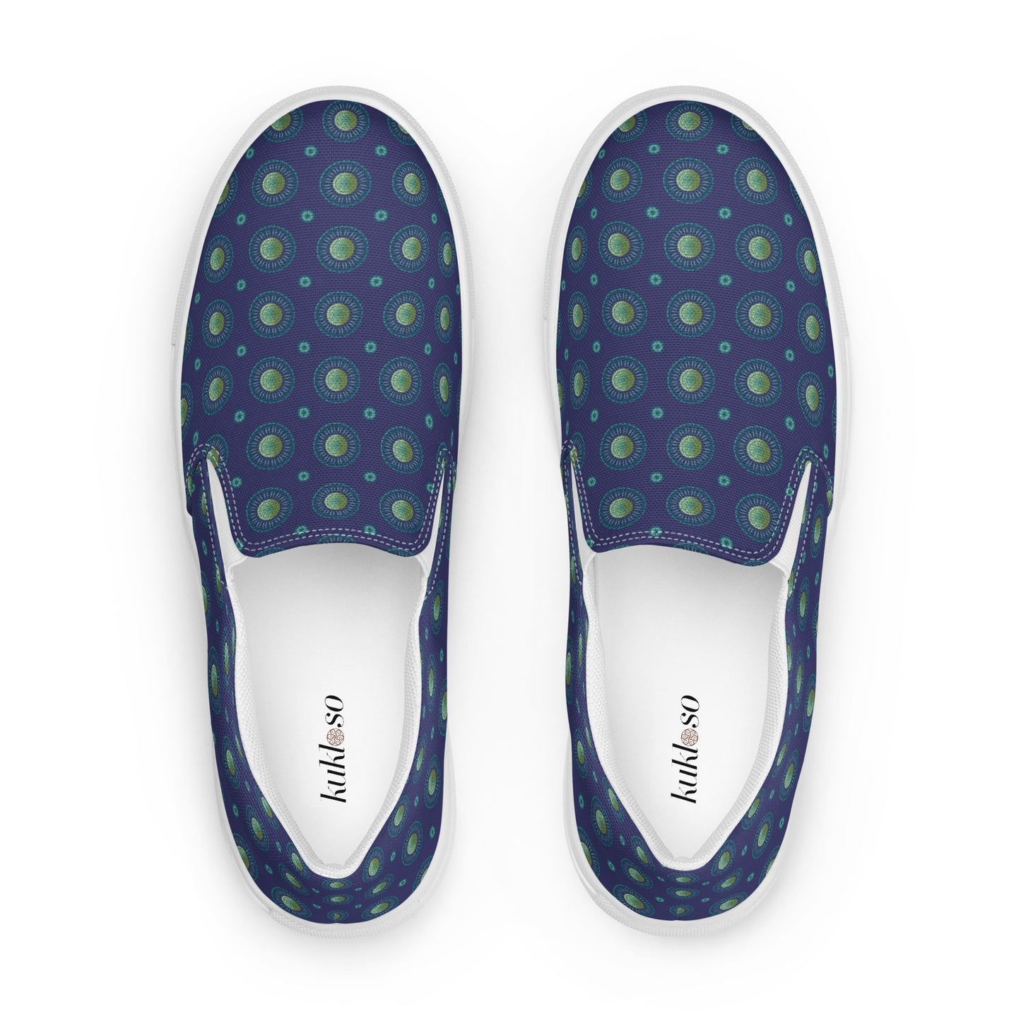 Women’s slip-on canvas shoes Kukloso Geometrica No 18 Mini-Mandalas Aqua on Navy - Free Shipping