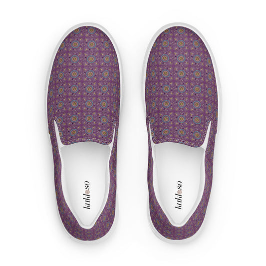 Women’s slip-on canvas shoes Kukloso Geometrica No 24 Mini-Mandalas Aqua, Gold on Violet - Free Shipping