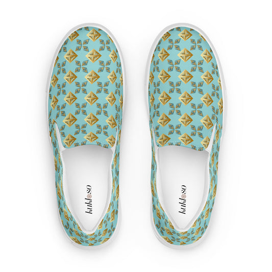 Women’s slip-on canvas shoes Kukloso Geometrica No 27 Gold shapes on Aqua - Free Shipping