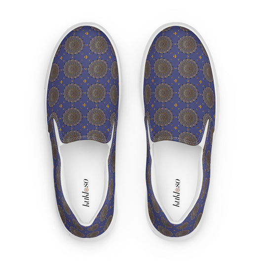 Women’s slip-on canvas shoes Kukloso Geometrica No 13 Mini-Mandalas Gold on Blue - Free Shipping