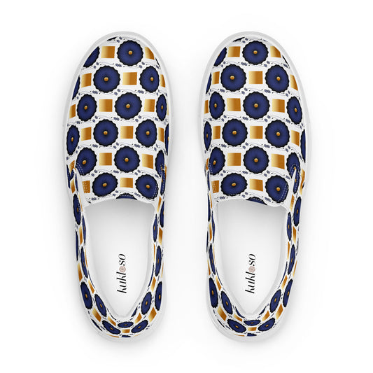 Women’s slip-on canvas shoes Kukloso Geometrica No 29 Navy, Gold on White - Free Shipping