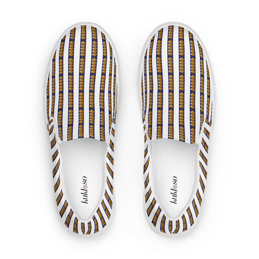 Women’s slip-on canvas shoes Kukloso FS No 6 Navy, Gold Stripes on White - Free Shipping