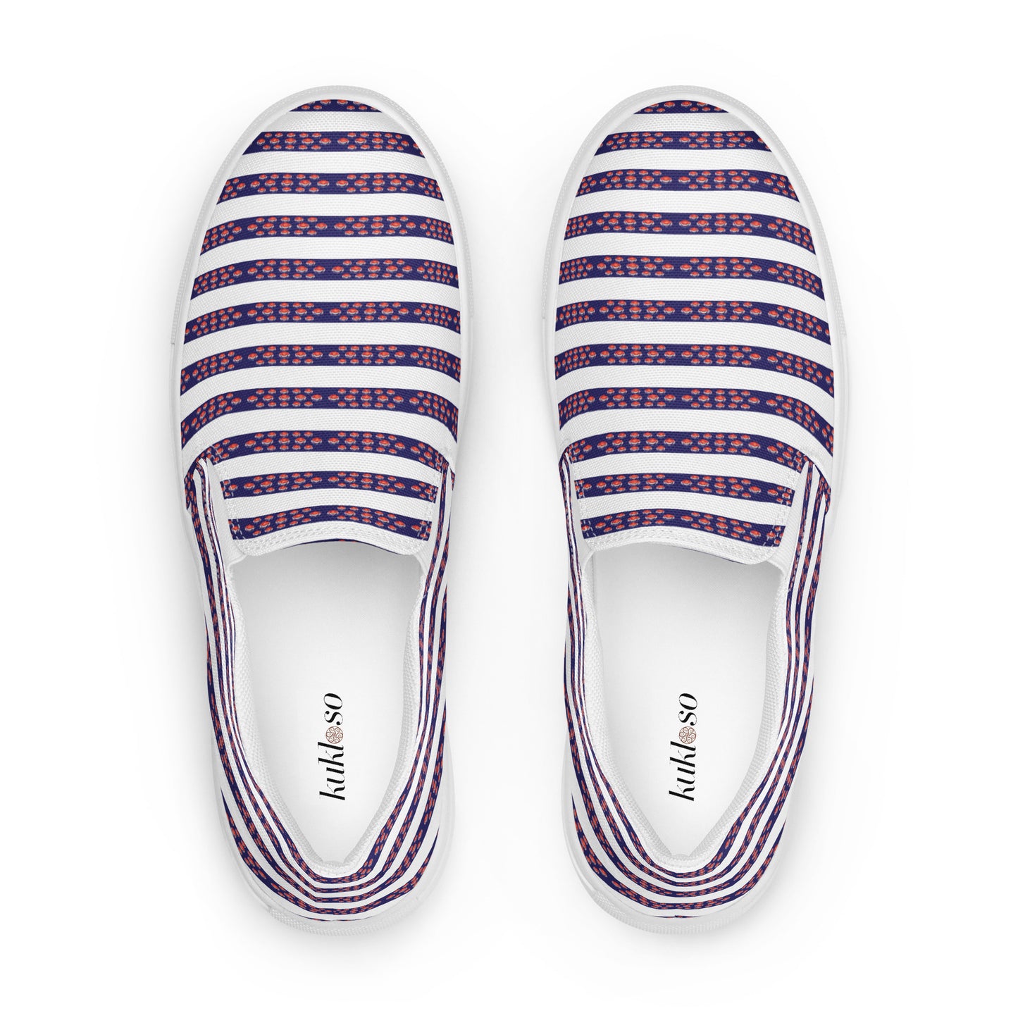 Women’s slip-on canvas shoes Kukloso No 12 Red Orbs on Navy Stripes on White - Free Shipping