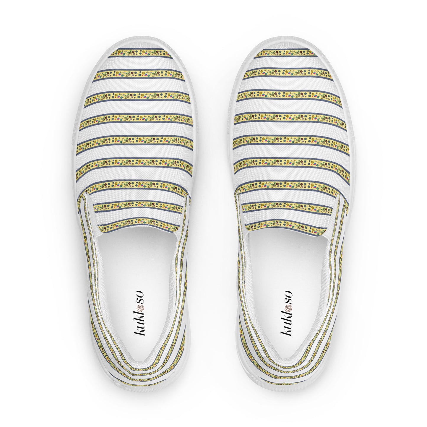 Women’s slip-on canvas shoes Kukloso FS No 104 Yellow Happy Stripes on White - Free Shipping