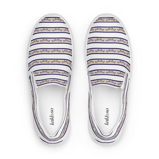 Women’s slip-on canvas shoes Kukloso FS No 96 Tan/Navy Stripes on White - Free Shipping