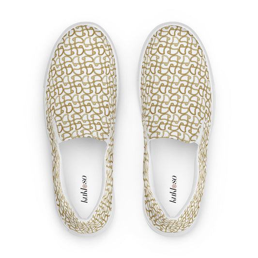 Women’s slip-on canvas shoes Kukloso Fleurons No 16 Gold on White - Free Shipping