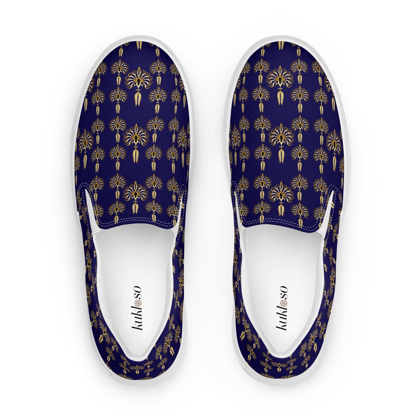 Women’s slip-on canvas shoes Kukloso FS Golden Fleurons on Navy - Free Shipping