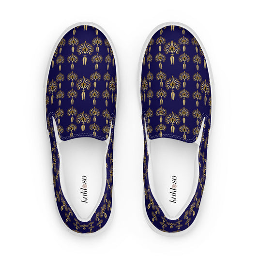 Women’s slip-on canvas shoes Kukloso FS Golden Fleurons on Navy - Free Shipping