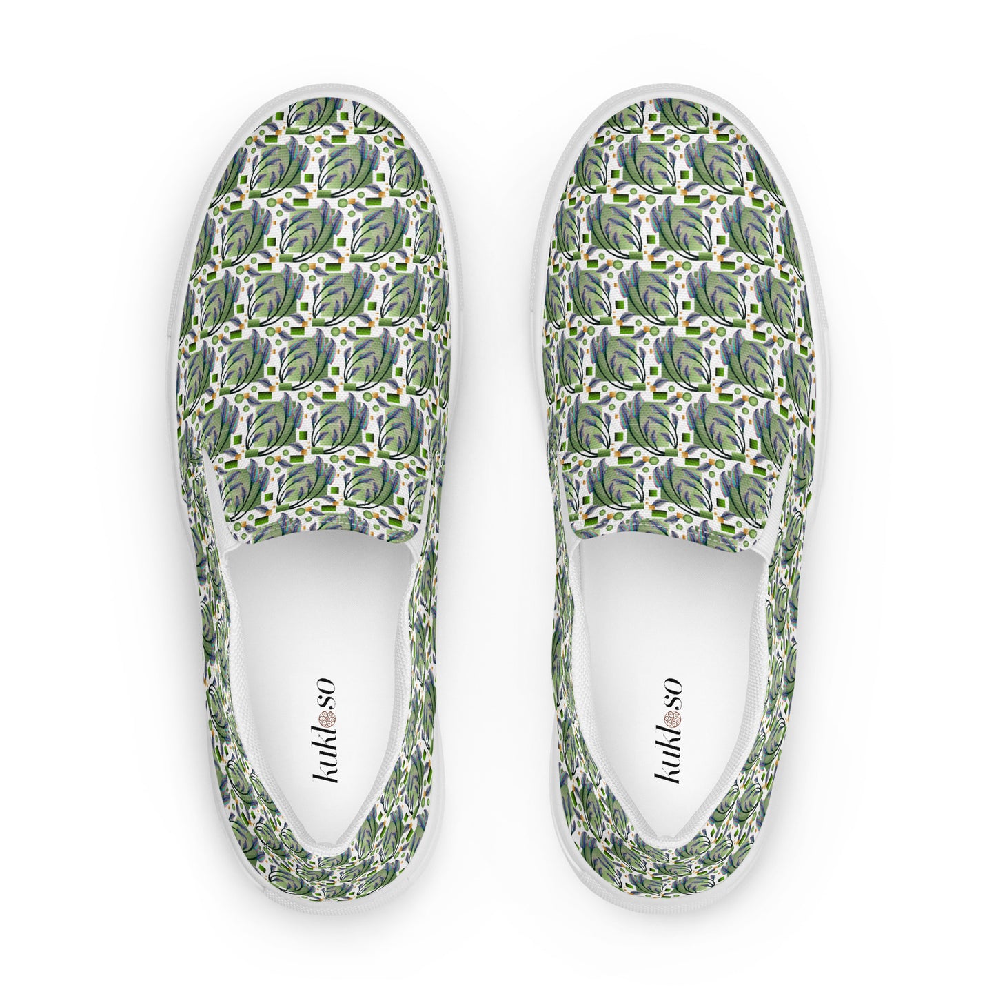 Women’s slip-on canvas shoes Kukloso Melange de fleur No 46 Green on White - Free Shipping
