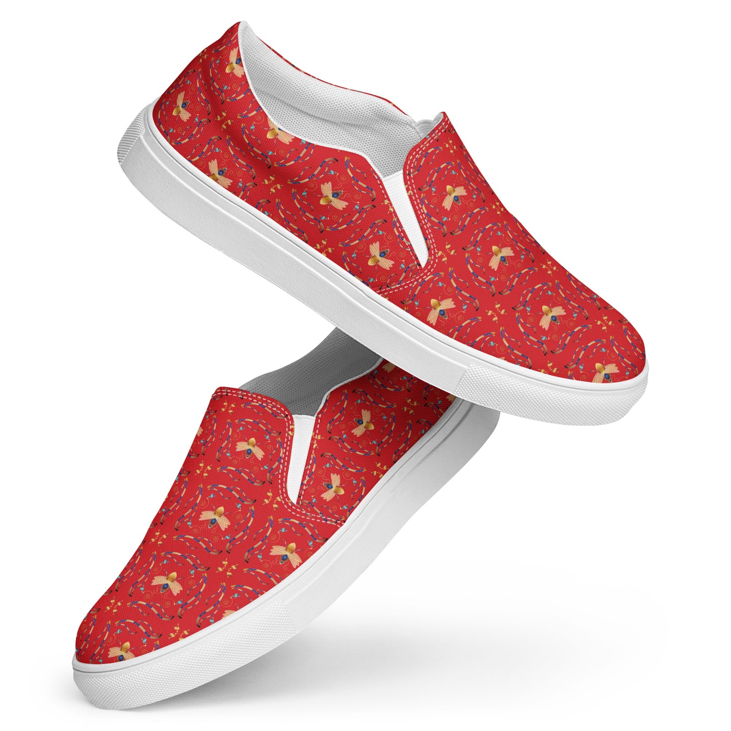 Women’s slip-on canvas shoes Kukloso Queen Bee - Gold on Red - Free Shipping