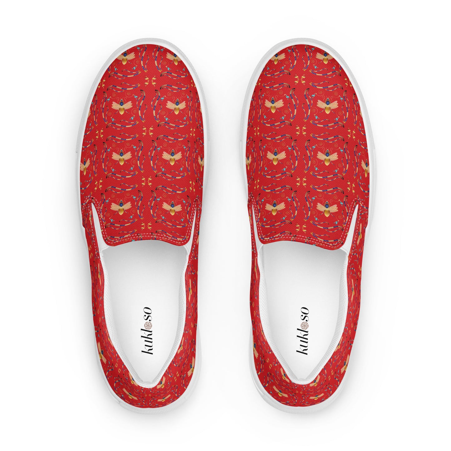 Women’s slip-on canvas shoes Kukloso Queen Bee - Gold on Red - Free Shipping