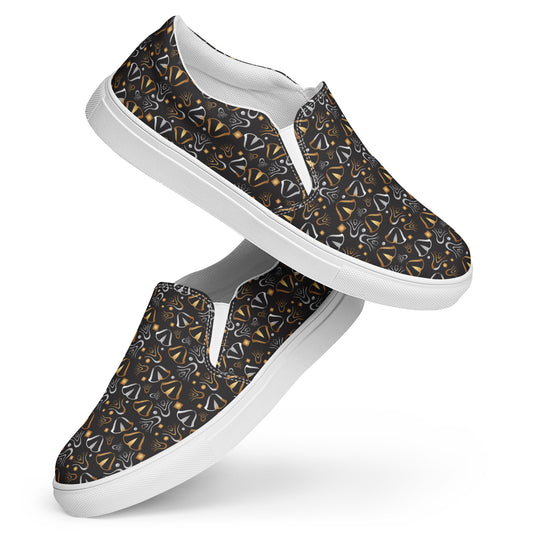 Women’s slip-on canvas shoes Kukloso Whimsical No 115 Silver/Gold on Black - Free Shipping