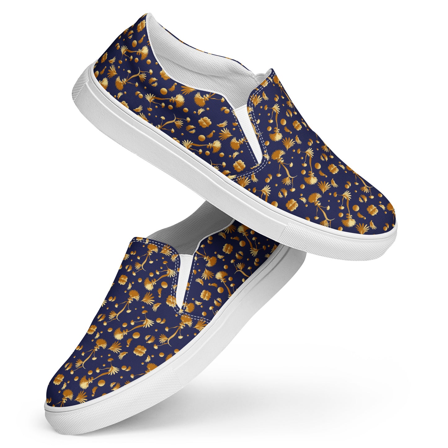 Women’s slip-on canvas shoes Kukloso Melange de fleur No 22 Gold on Navy - Free Shipping