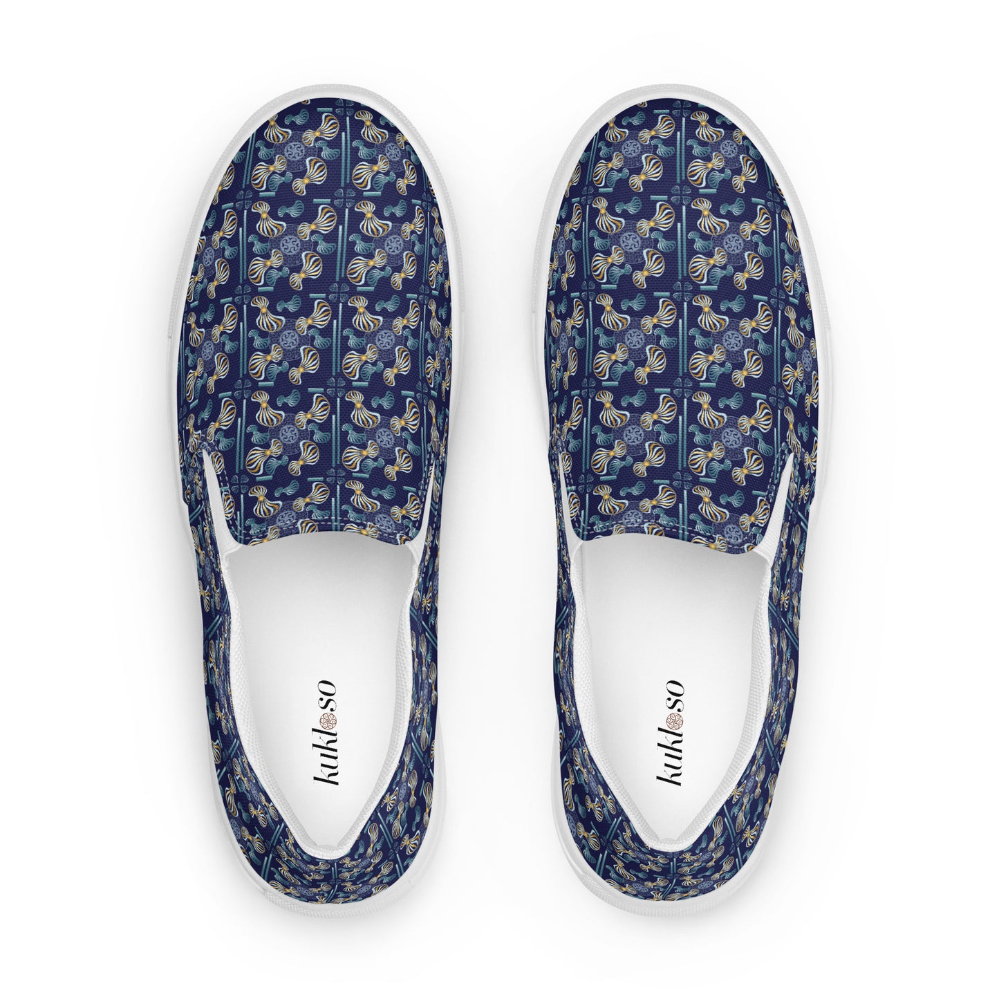 Women’s slip-on canvas shoes Kukloso Whimsical No 97 Aqua/Gold Spirials on Navy - Free Shipping