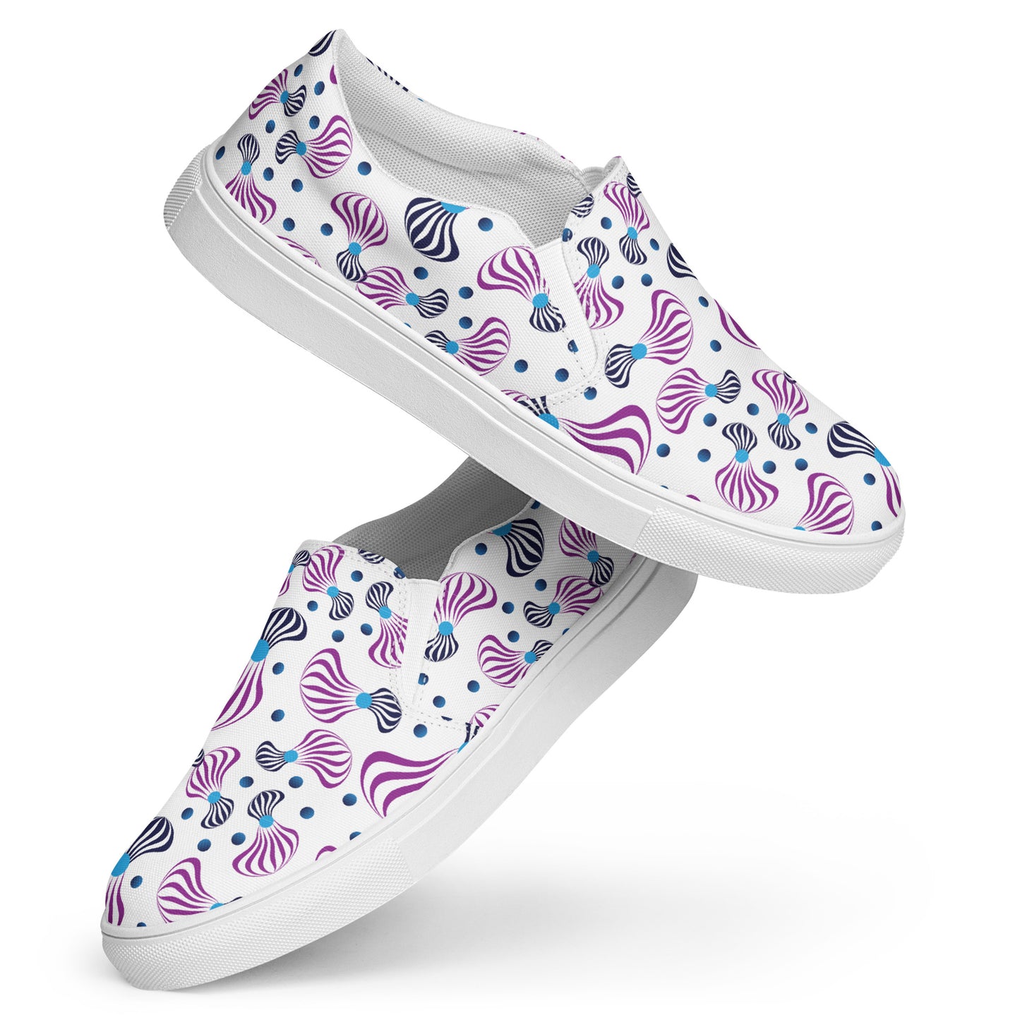 Women’s slip-on canvas shoes Kukloso Whimsical No 95 Purple/Aqua/Navy Spirials on White - Free Shipping