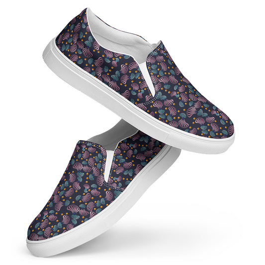 Women’s slip-on canvas shoes Kukloso Whimsical No 81 Pink/Aqua Spirials on Navy - Free Shipping