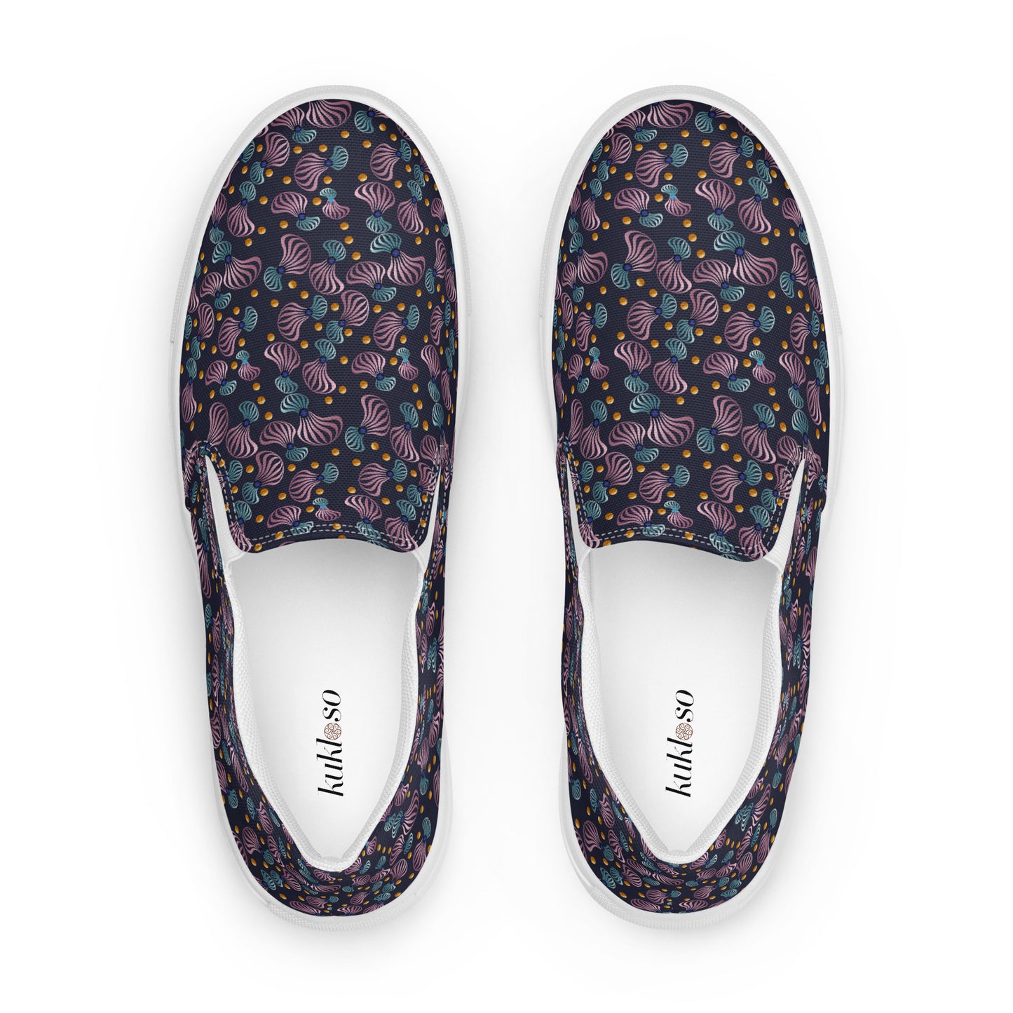 Women’s slip-on canvas shoes Kukloso Whimsical No 81 Pink/Aqua Spirials on Navy - Free Shipping