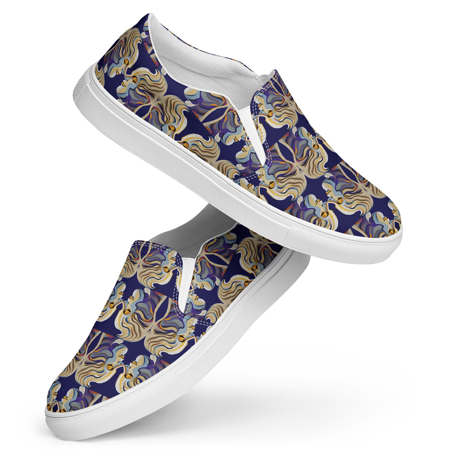 Women’s slip-on canvas shoes Kukloso Cubist Faces No 1 Large Pattern on Navy- Free Shipping