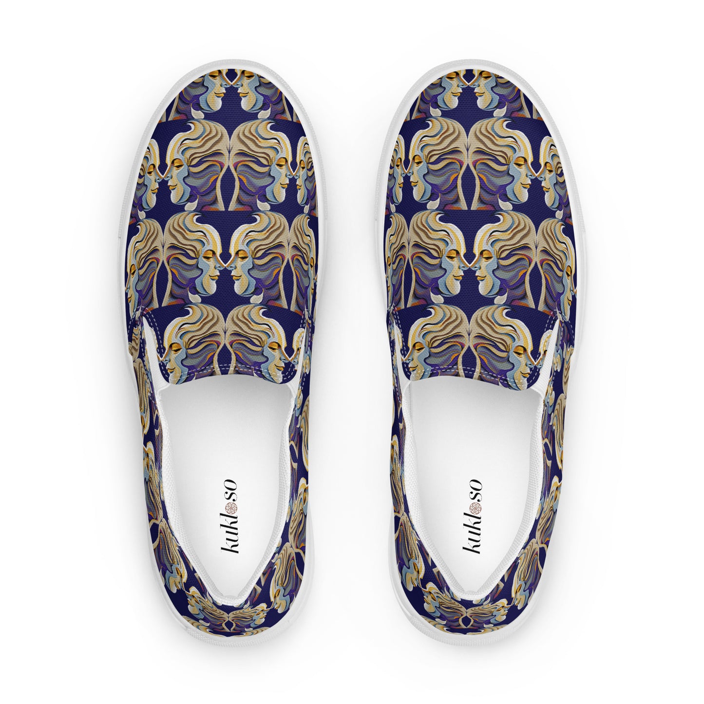 Women’s slip-on canvas shoes Kukloso Cubist Faces No 1 Large Pattern on Navy- Free Shipping