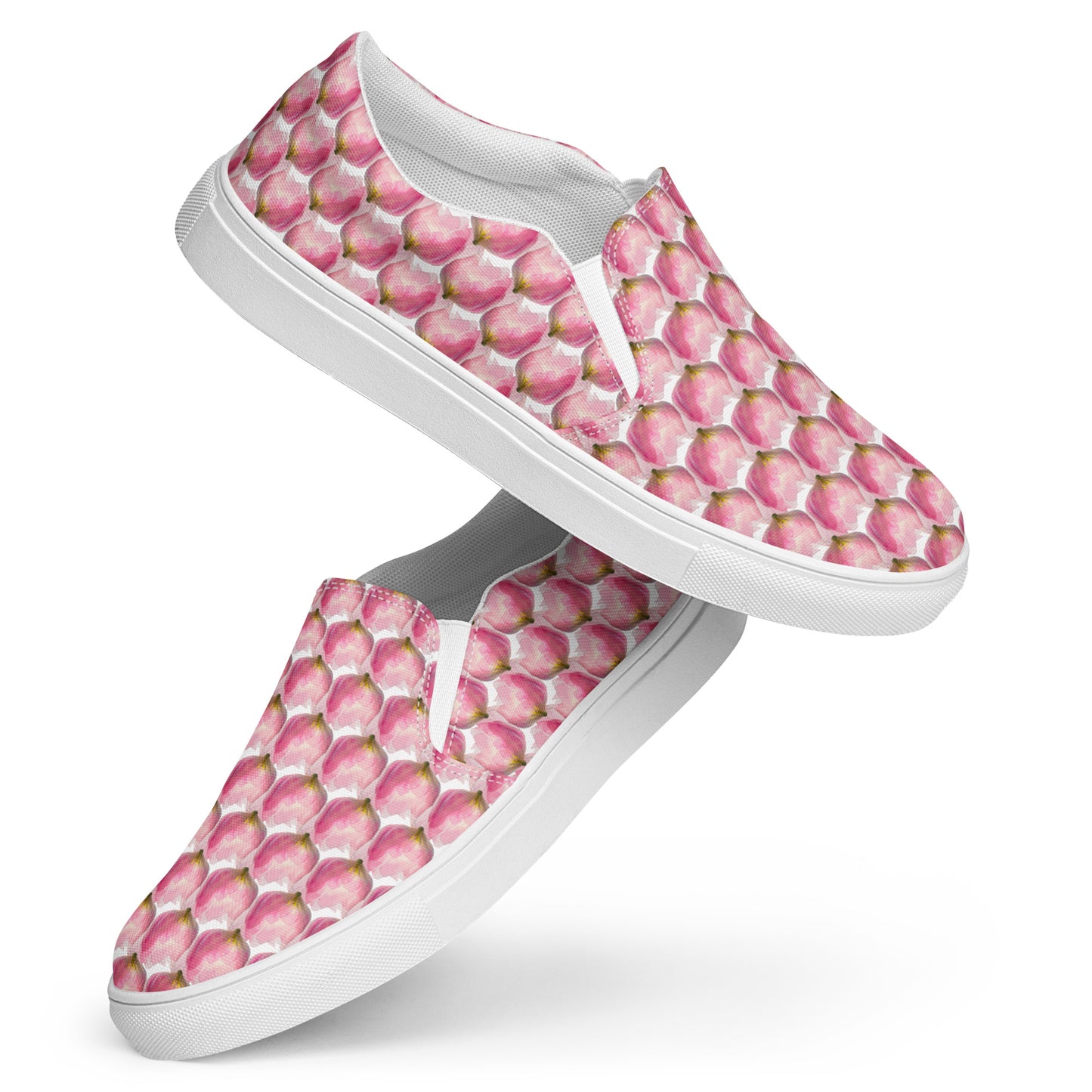 Women’s slip-on canvas shoes Kukloso Les tulipes Pink on White - Free Shipping