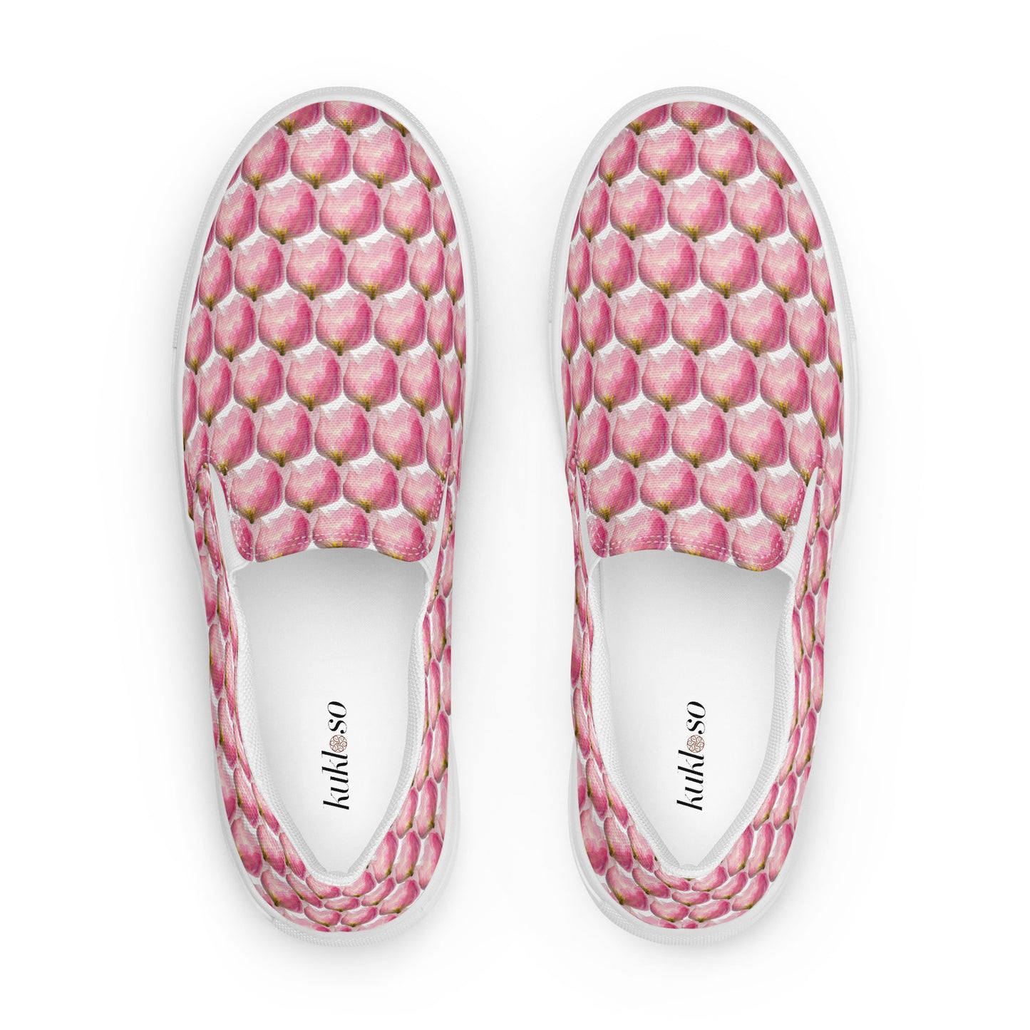 Women’s slip-on canvas shoes Kukloso Les tulipes Pink on White - Free Shipping