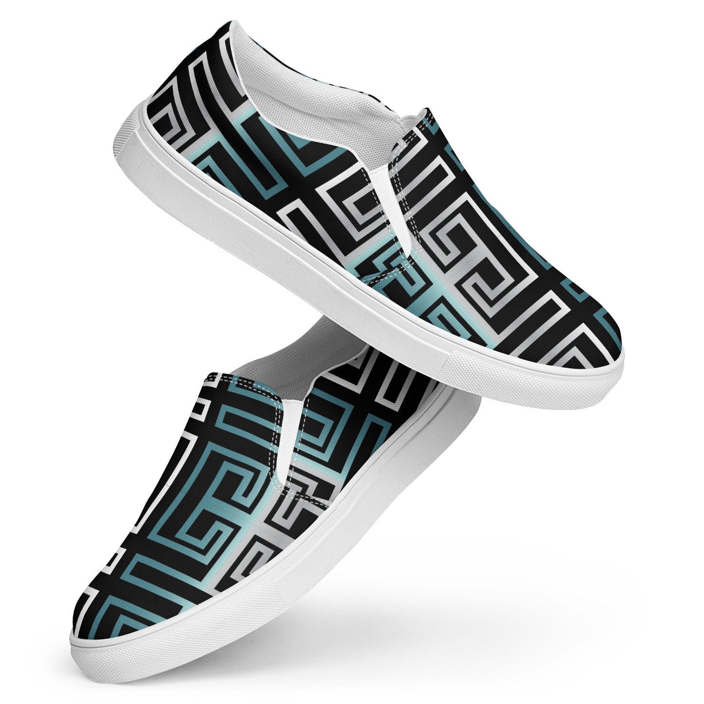 Women’s slip-on canvas shoes Kukloso Greek Border No 16 Silver/Aqua on Black - Free Shipping