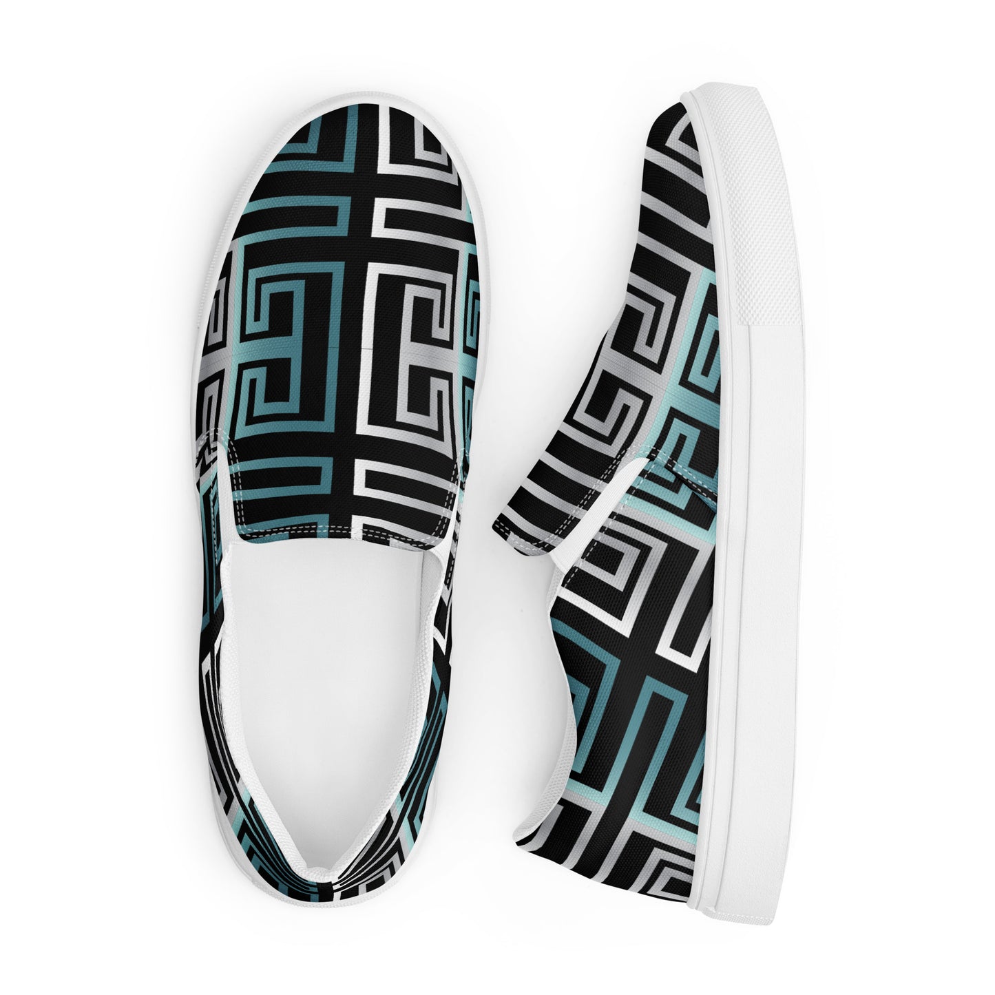 Women’s slip-on canvas shoes Kukloso Greek Border No 16 Silver/Aqua on Black - Free Shipping