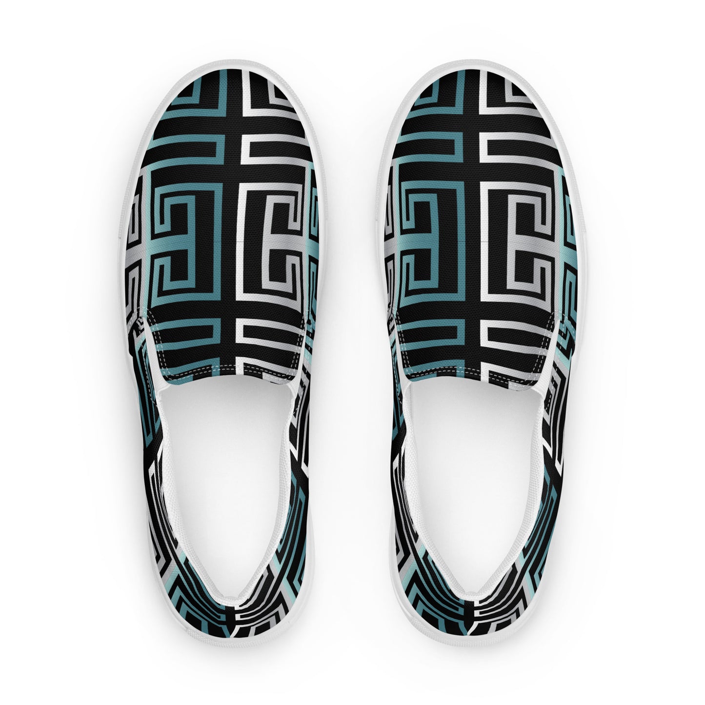 Women’s slip-on canvas shoes Kukloso Greek Border No 16 Silver/Aqua on Black - Free Shipping