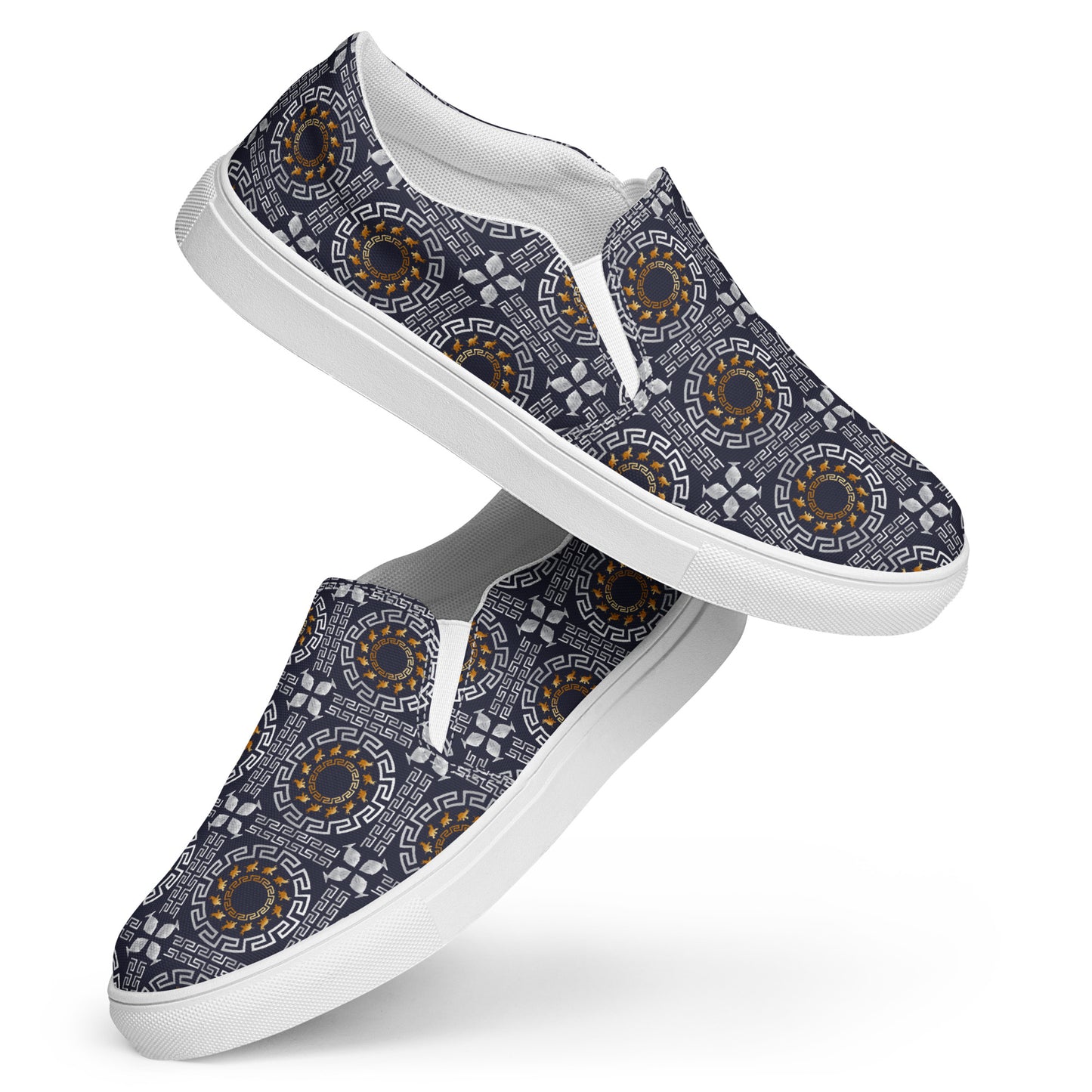 Women’s slip-on canvas shoes Kukloso Greek Border No 40 Ganesha on Navy - Free Shipping