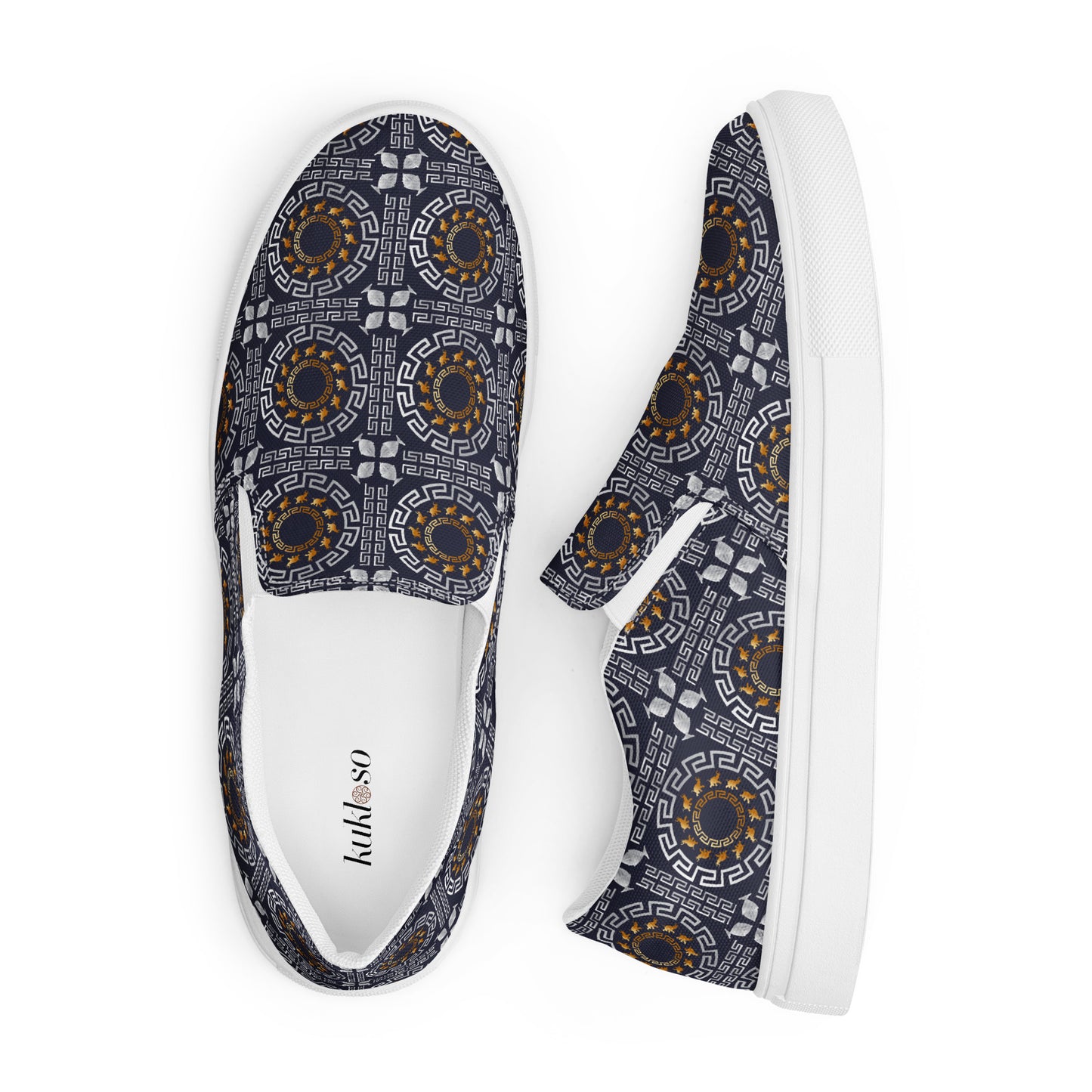 Women’s slip-on canvas shoes Kukloso Greek Border No 40 Ganesha on Navy - Free Shipping