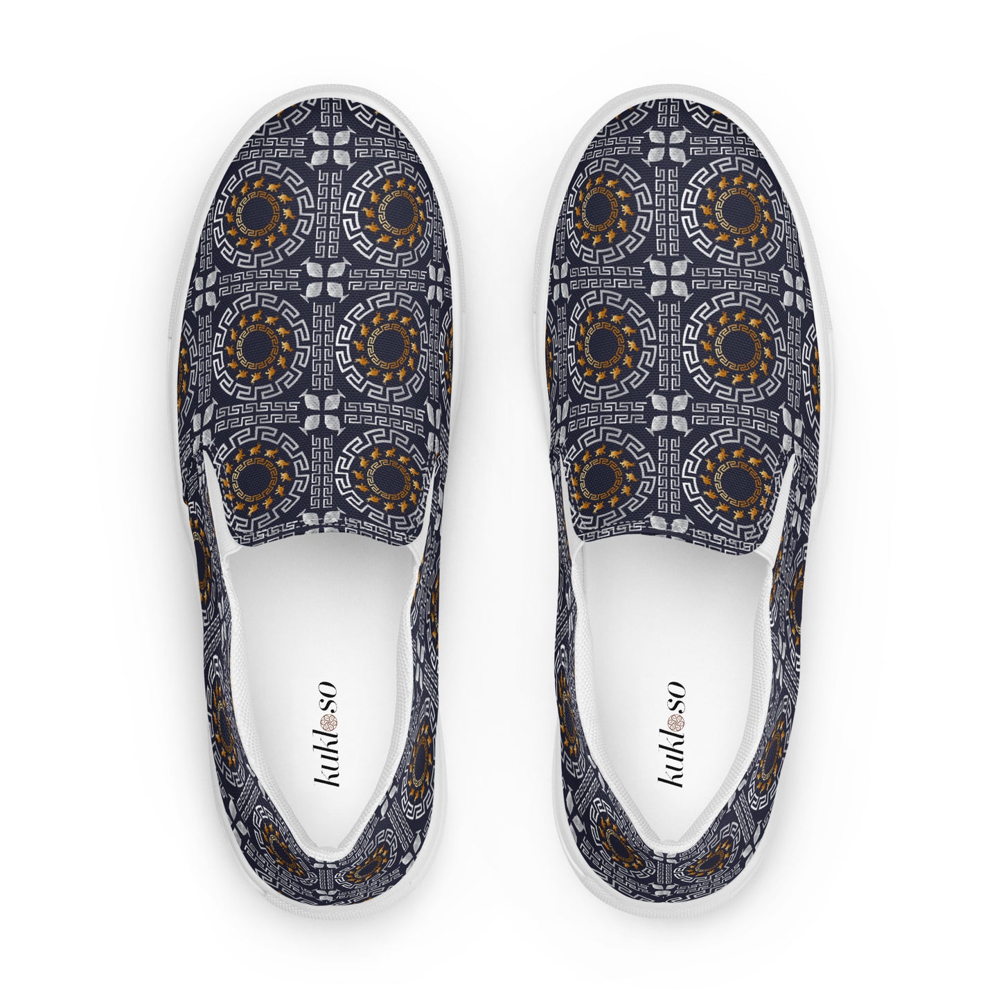 Women’s slip-on canvas shoes Kukloso Greek Border No 40 Ganesha on Navy - Free Shipping