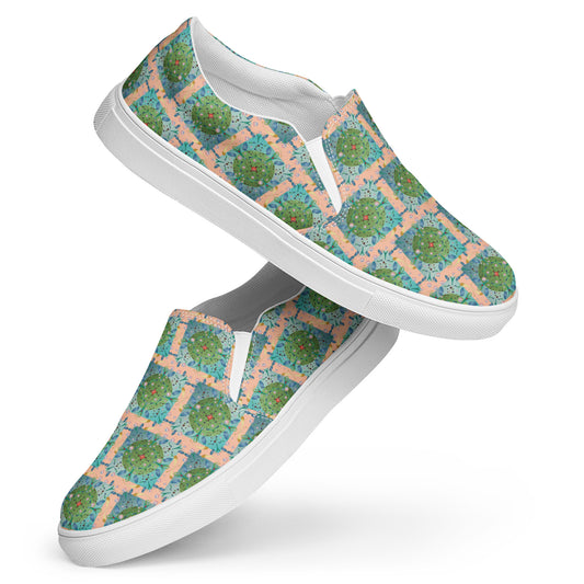 Women’s slip-on canvas shoes Kukloso Whimsical No 16 Green/Aqua on Peach - Free Shipping