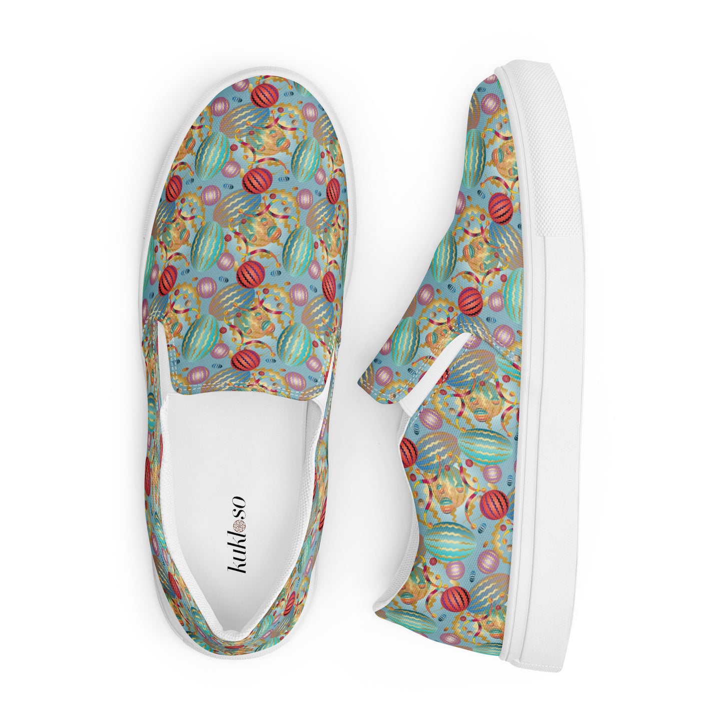 Women’s slip-on canvas shoes Kukloso Whimsical No 20 Red/Gold/Aqua - Free Shipping