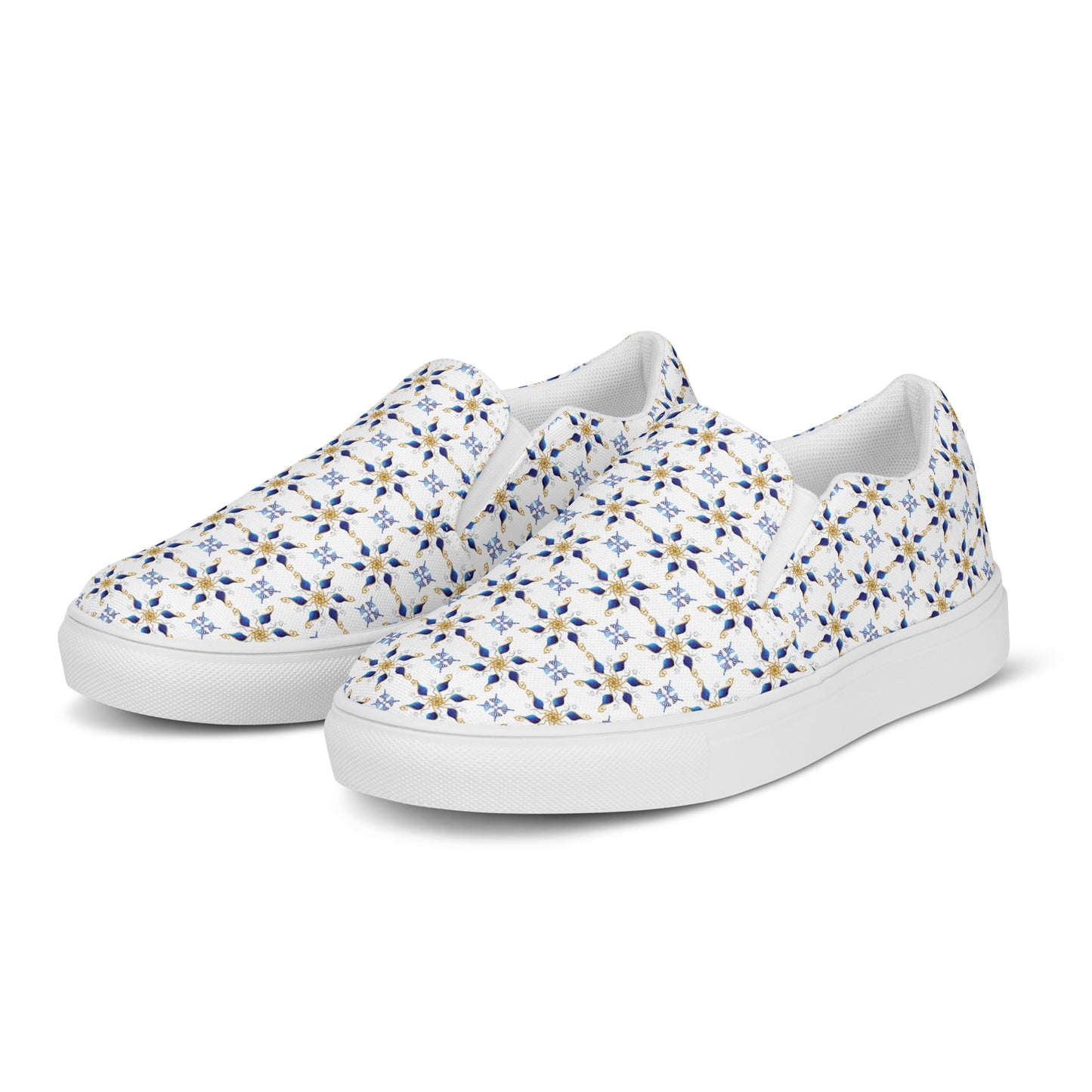 Women’s slip-on canvas shoes Kukloso Geometrica No 7 Navy, Gold on White - Free Shipping