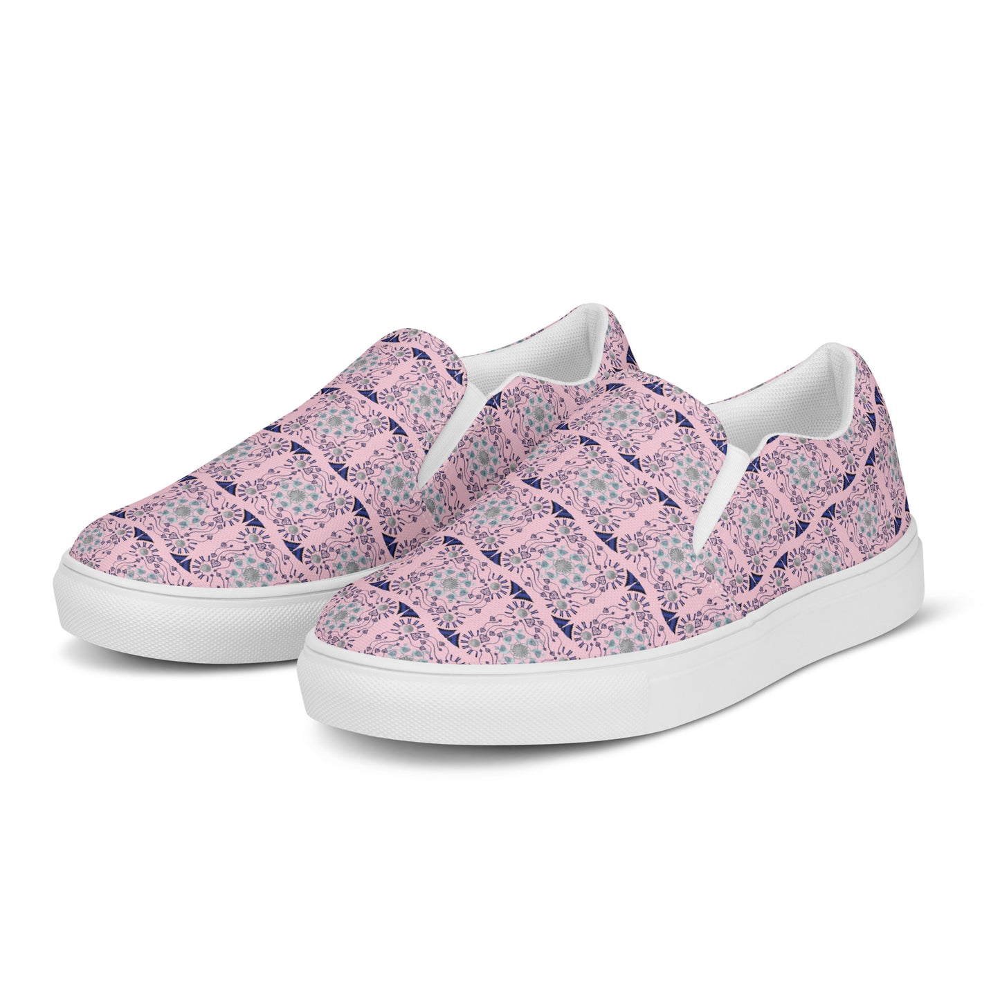 Women’s slip-on canvas shoes Kukloso Geometrica No 23 Mini-Mandalas Aqua, Navy on Pink - Free Shipping