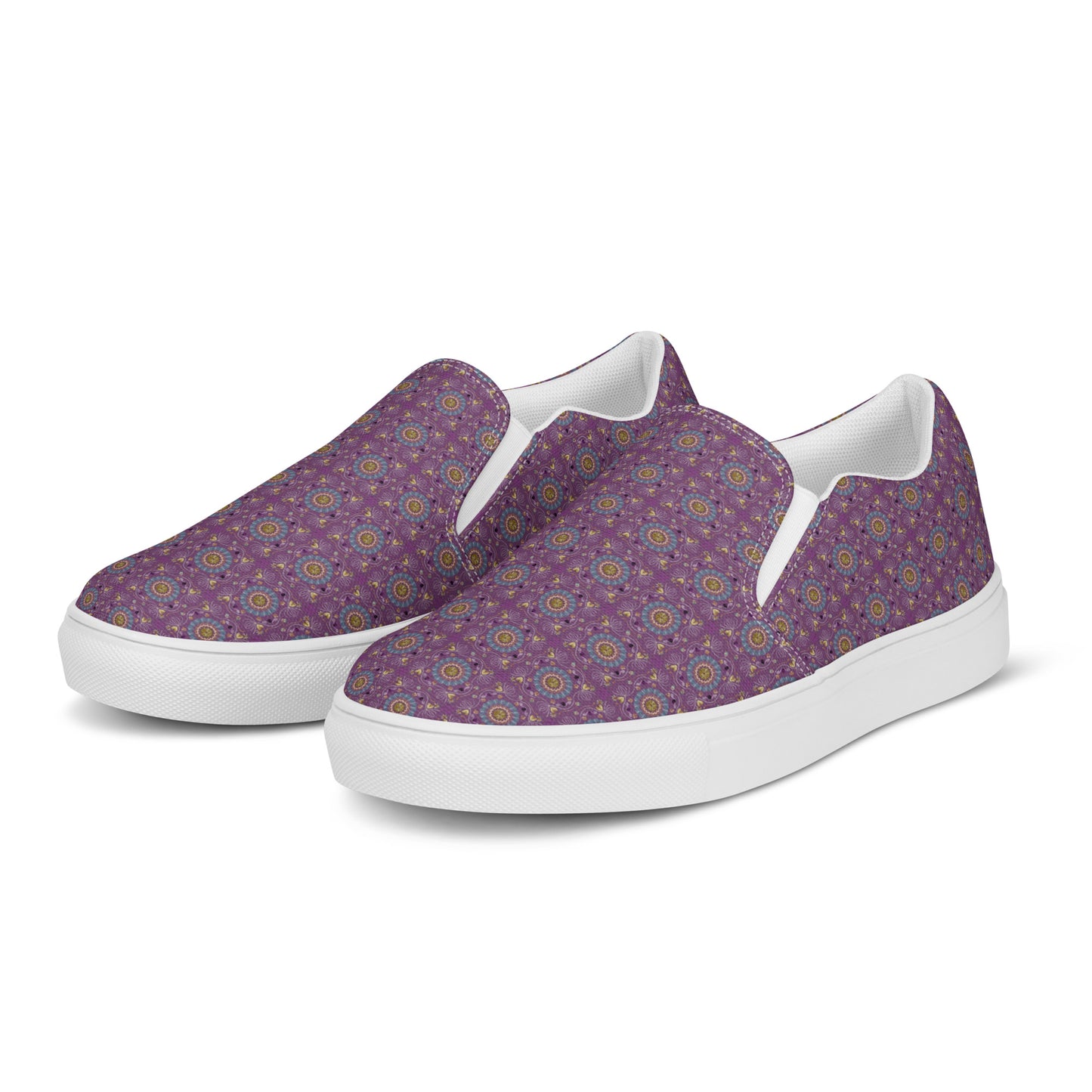 Women’s slip-on canvas shoes Kukloso Geometrica No 24 Mini-Mandalas Aqua, Gold on Violet - Free Shipping