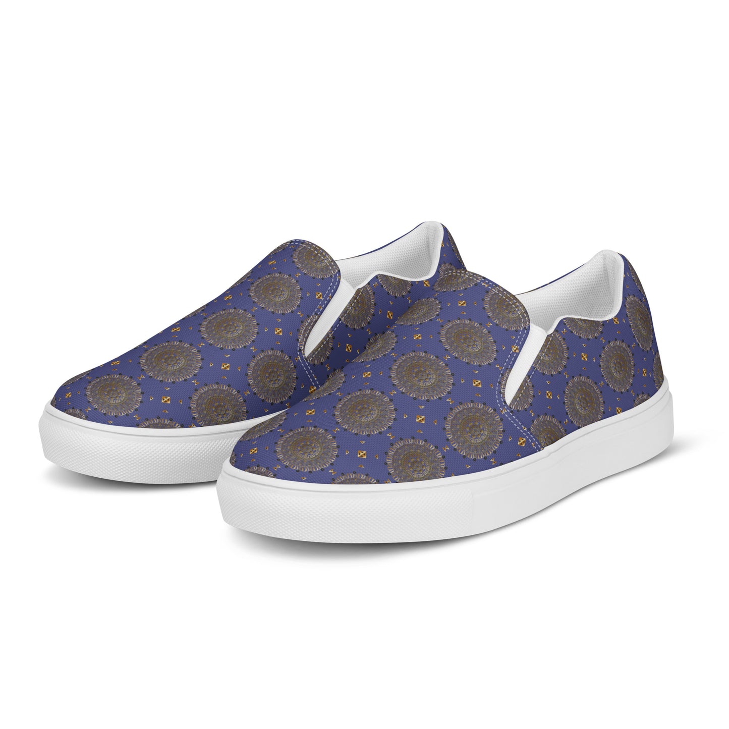 Women’s slip-on canvas shoes Kukloso Geometrica No 13 Mini-Mandalas Gold on Blue - Free Shipping