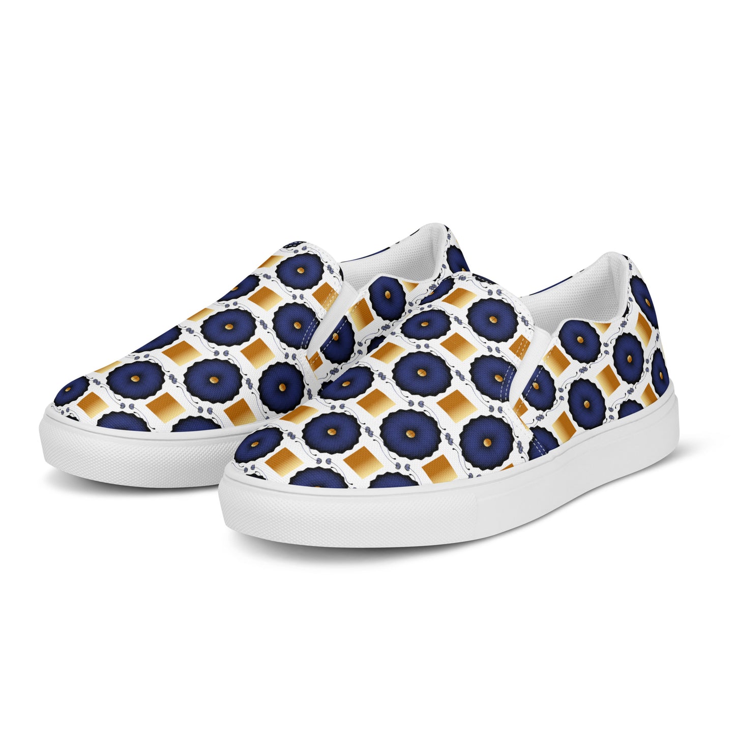 Women’s slip-on canvas shoes Kukloso Geometrica No 29 Navy, Gold on White - Free Shipping