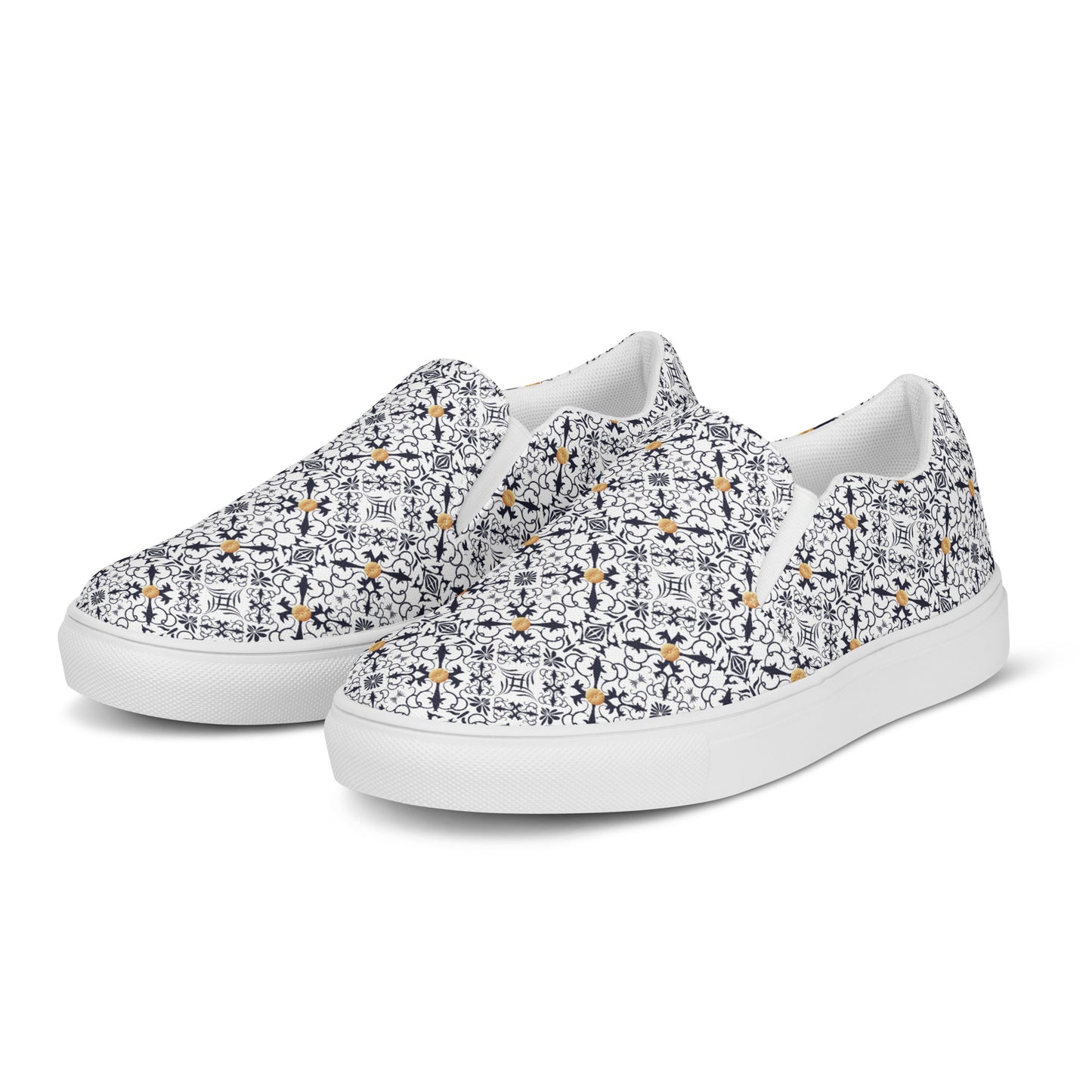 Women’s slip-on canvas shoes Kukloso Geometrica No 45 Gold, Navy on White - Free Shipping