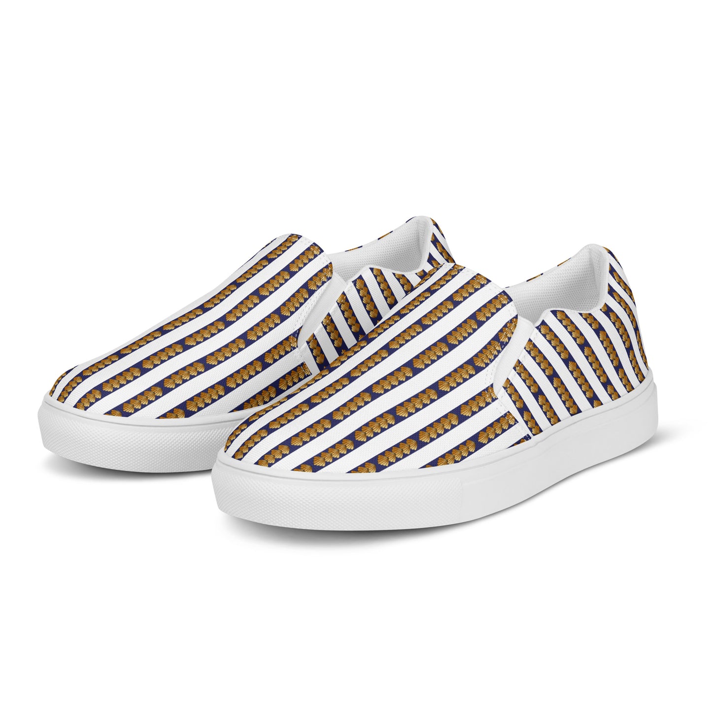 Women’s slip-on canvas shoes Kukloso FS No 6 Navy, Gold Stripes on White - Free Shipping